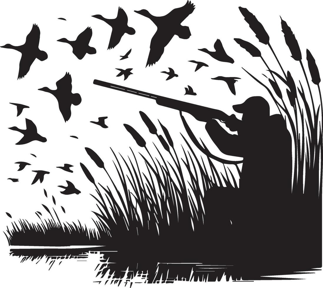 Vintage Hunter Silhouette Shooting Ducks Over Water vector