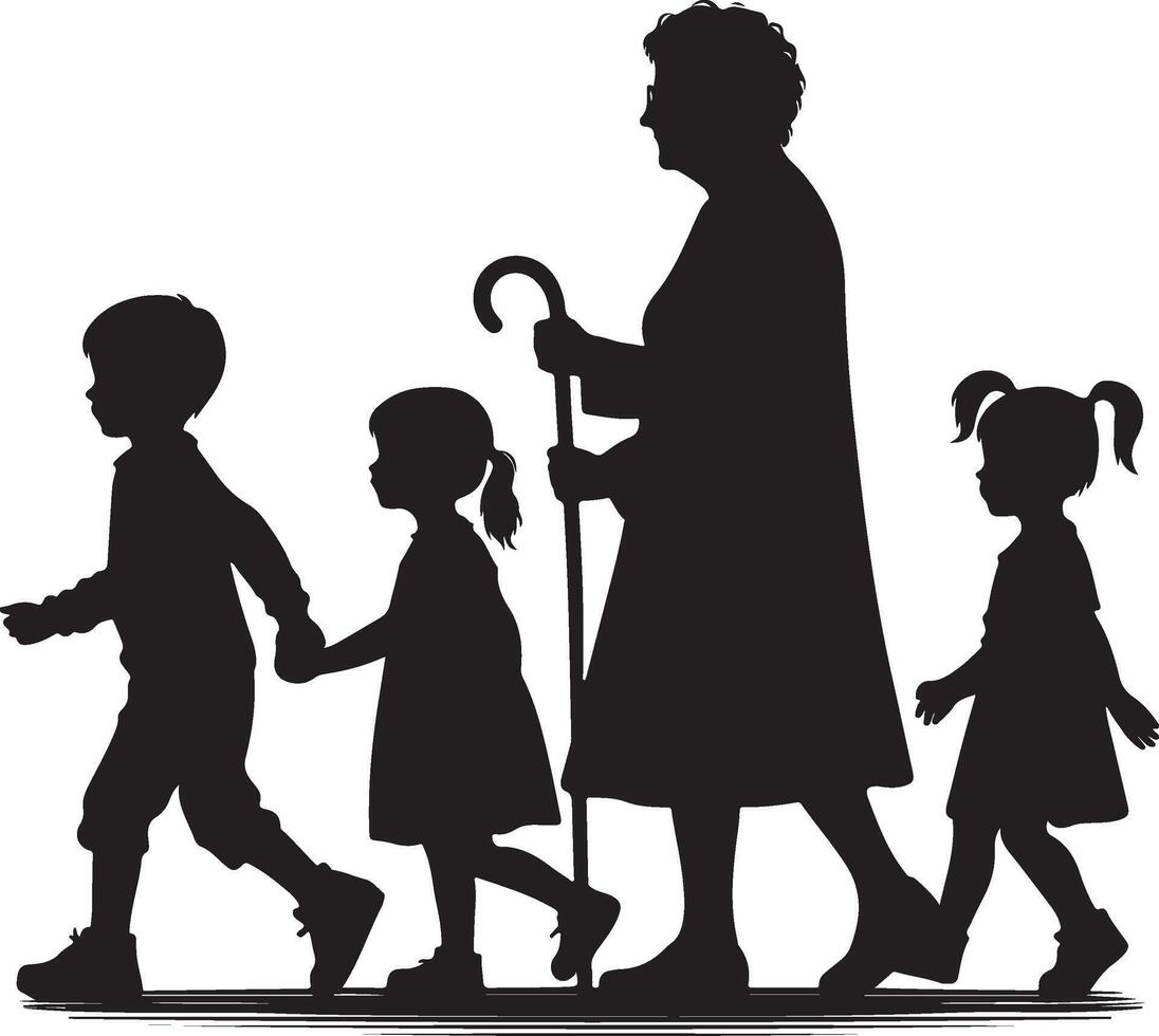 Silhouette of Children Marching Behind Grandma, Generational Family. Grandmother Walking with Grandchildren Silhouette. vector