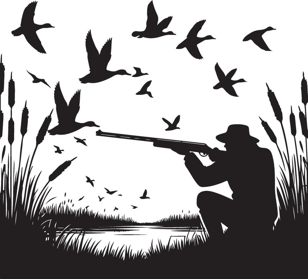Vintage Hunter Silhouette Shooting at Flying Ducks Over Water with Reeds and Grass. vector