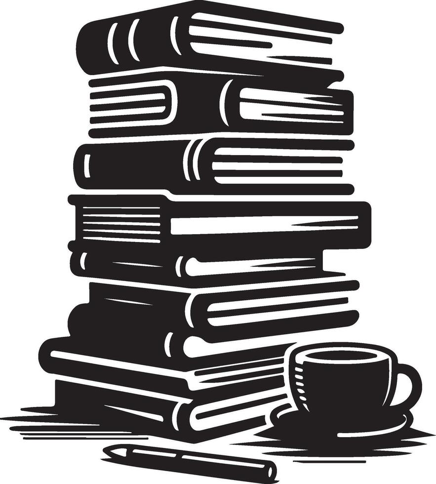 Stack of Books and Coffee Cup Silhouette. Stack of Books Silhouette Illustration, Library and Education Icon vector