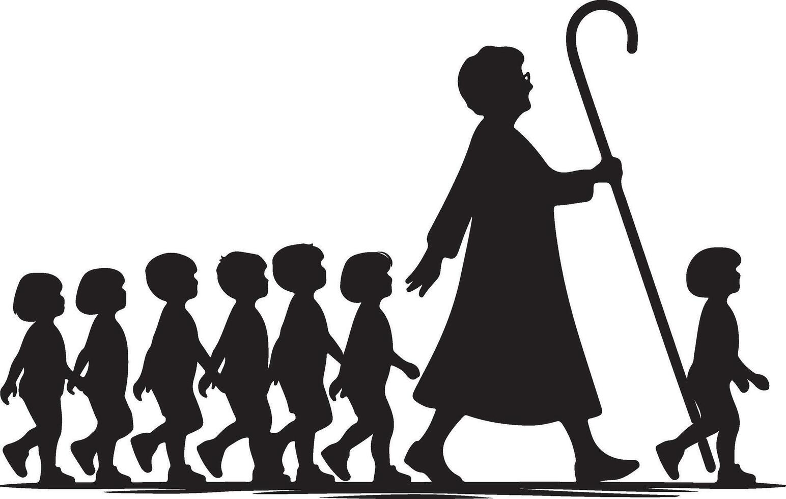 Kids Marching Behind Grandma Silhouette, Family Generations. vector