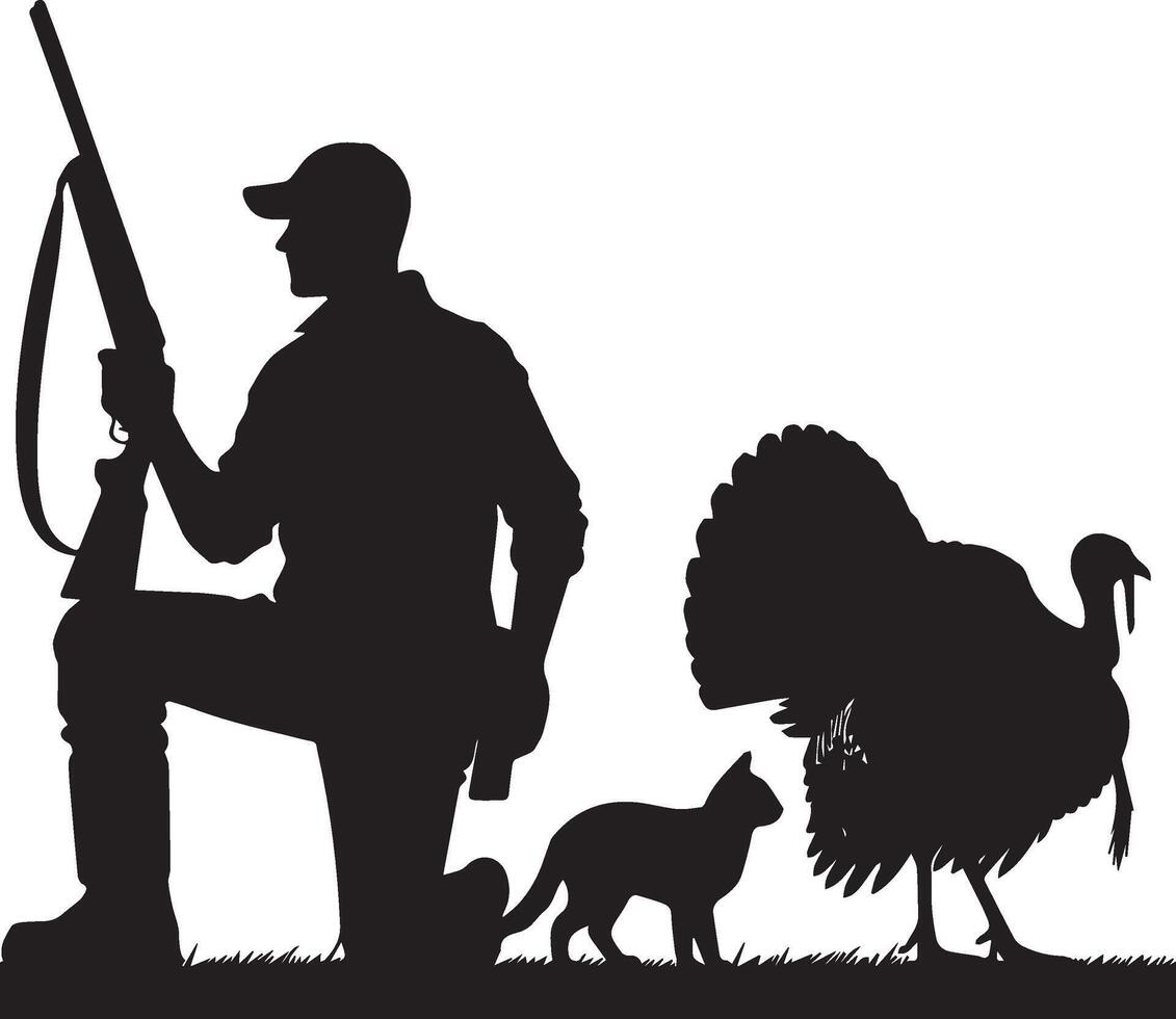Turkey Hunter Silhouette. Kneeling Hunter with Rifle and Nearby Turkey. Wild Game Art. vector