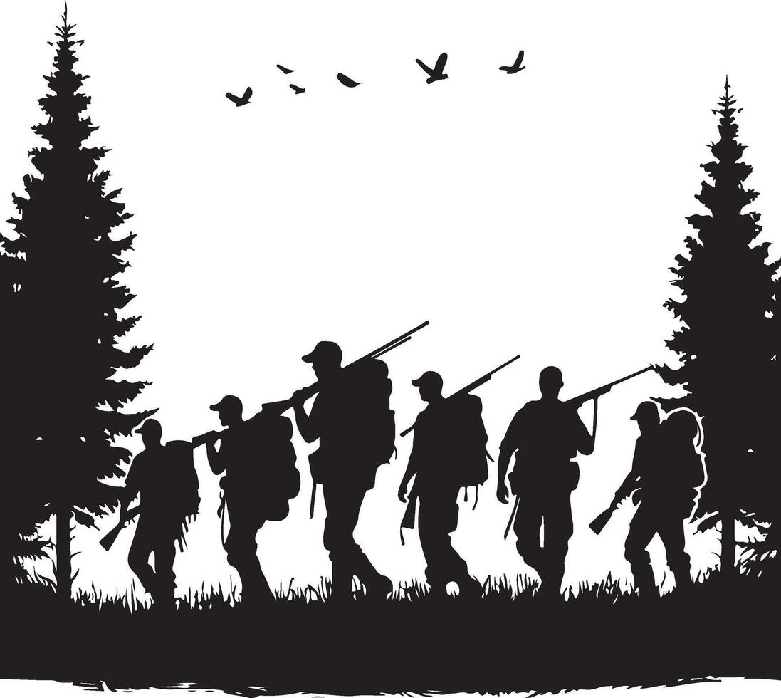 Hunting Party in Forest Silhouette. Hunting Group Walking with Rifles and Backpacks Silhouette vector