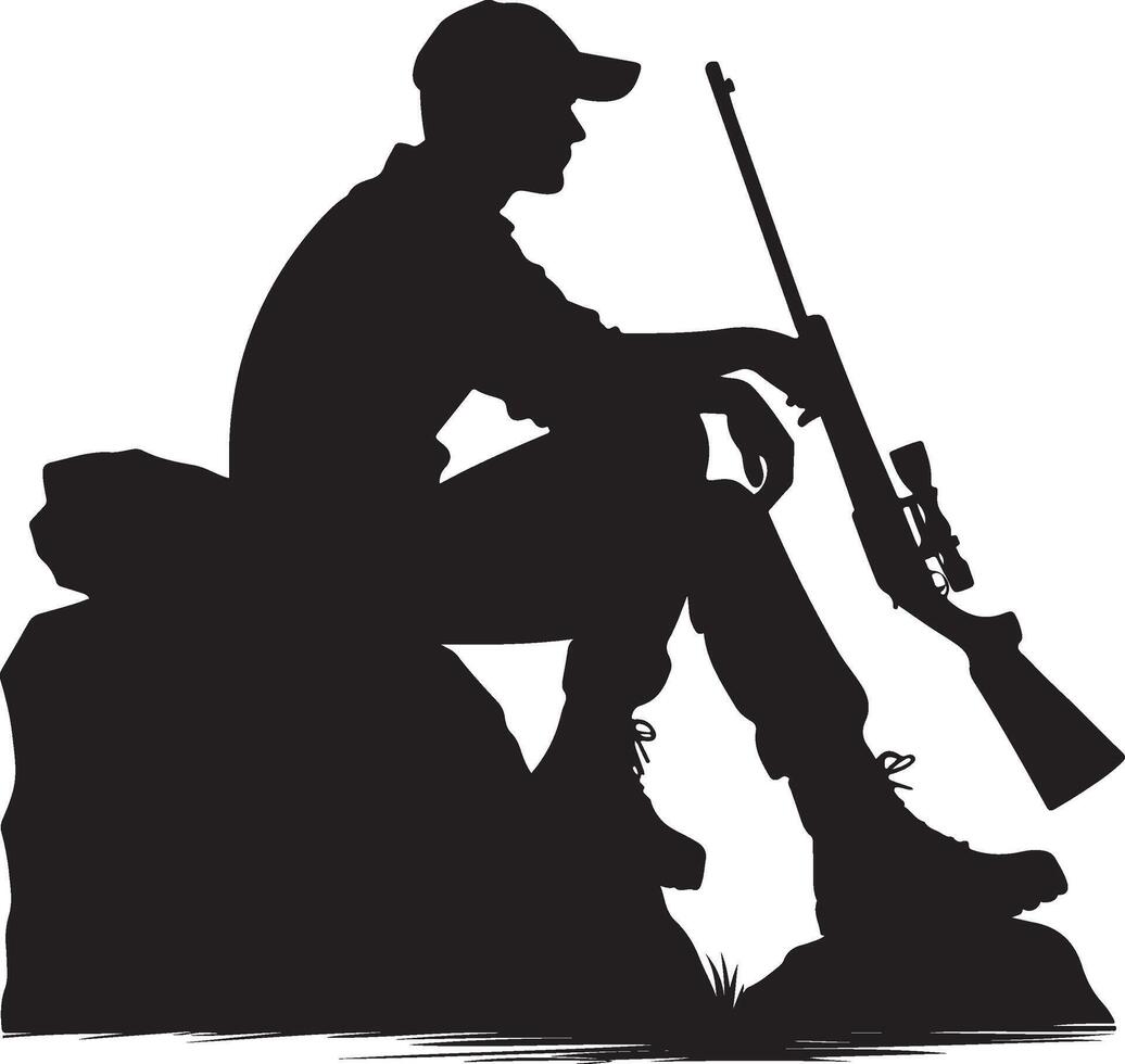 Hunter with Scoped Rifle Resting Silhouette. Hunter Sitting on Rock Resting Silhouette. vector
