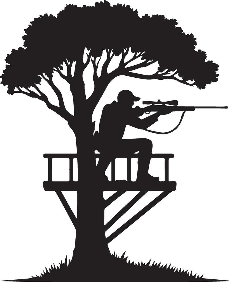 Silhouette of Hunter Aiming from Tree Stand, Rifle Pointing Downward , Elevated Deer Hunting vector