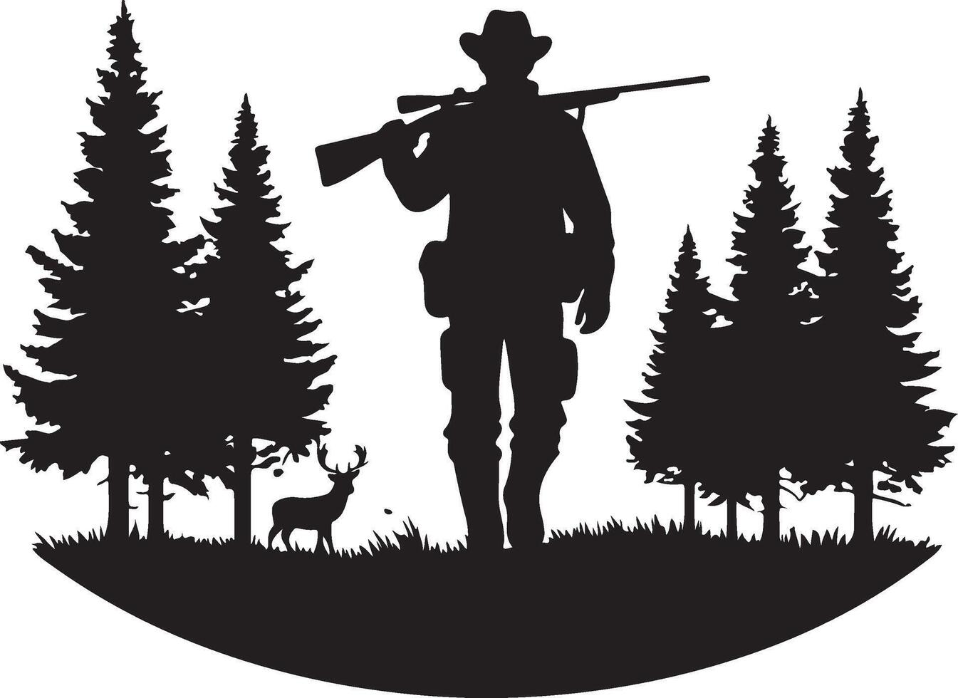 Silhouette of Hunter Walking in Dense Forest with Rifle on Shoulder, vector