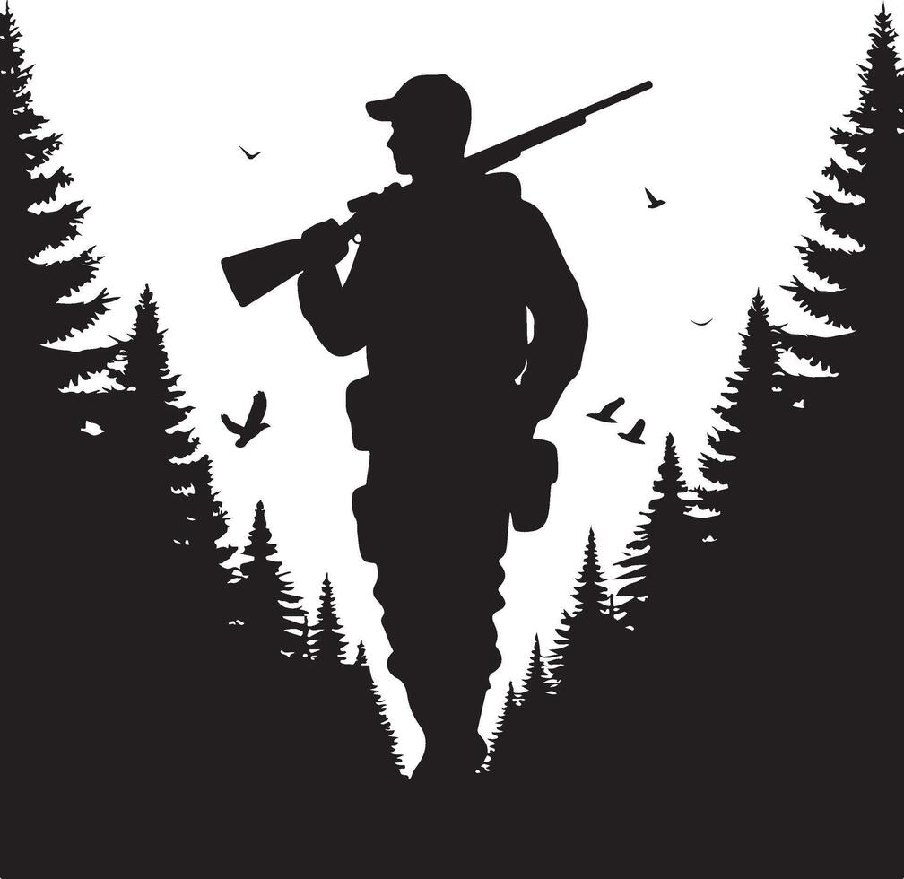 Hunter Walking in Forest with Rifle Silhouette. vector