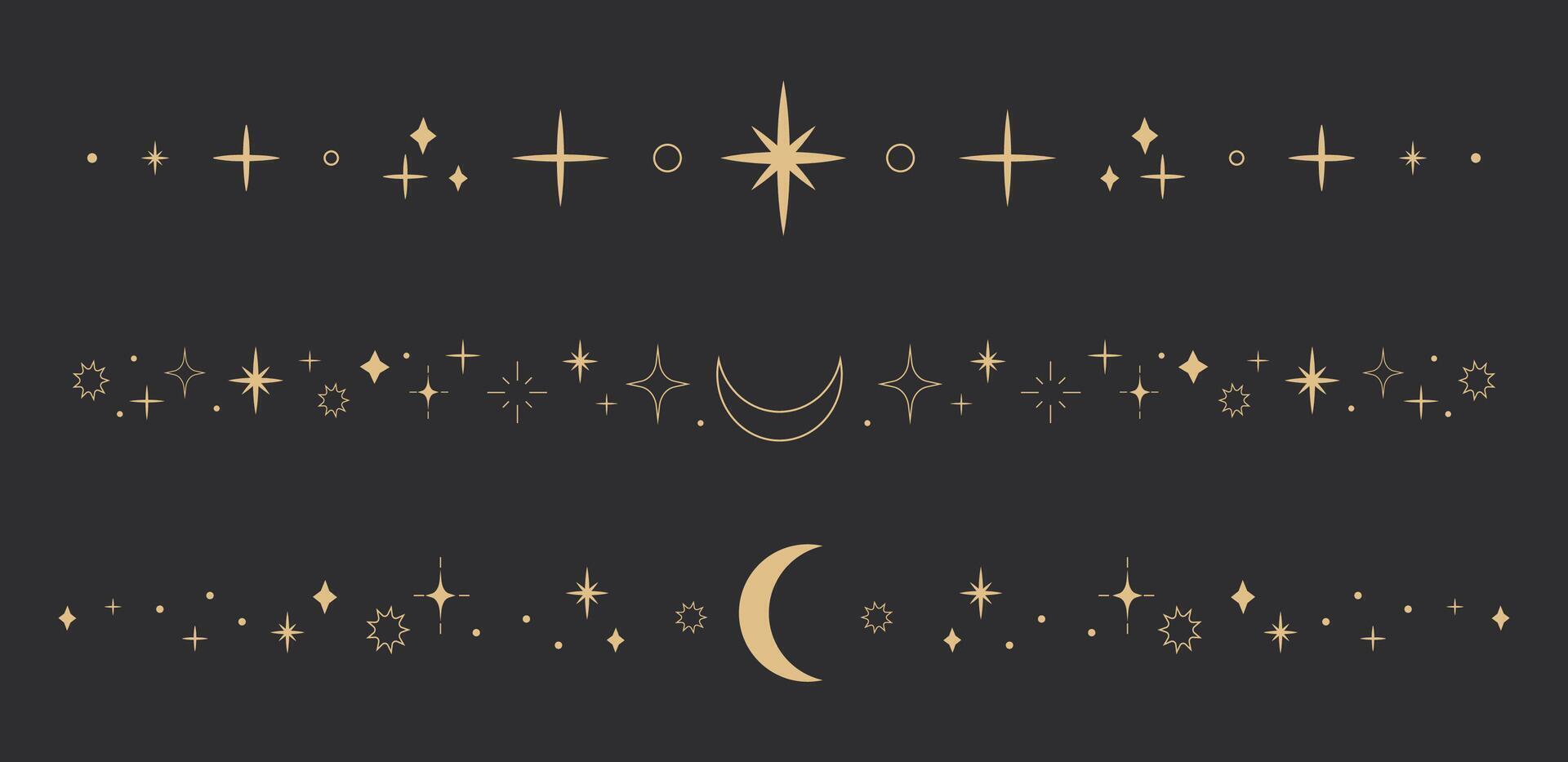 Sparkling gold celestial dividers in flat linear style. Perfect for mystical invitations, girly stickers, and festive decor. Mystical celestial border divider with stars, moons, and sparkles vector