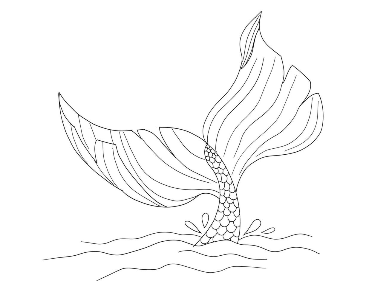Mermaid tale fin line tattoo sketch hand drawn. Sea life, tail with scale textured, geometric elegant outline with marine elements vector