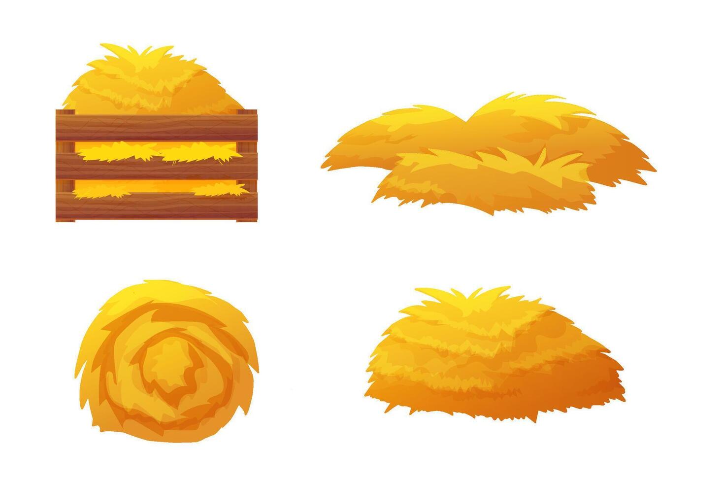 Set of hay straw clipart. Includes flat farm piles, isolated bales, grass stacks, wooden box, rake, and sack. Perfect for village scenes, agriculture projects, and rural icons. vector