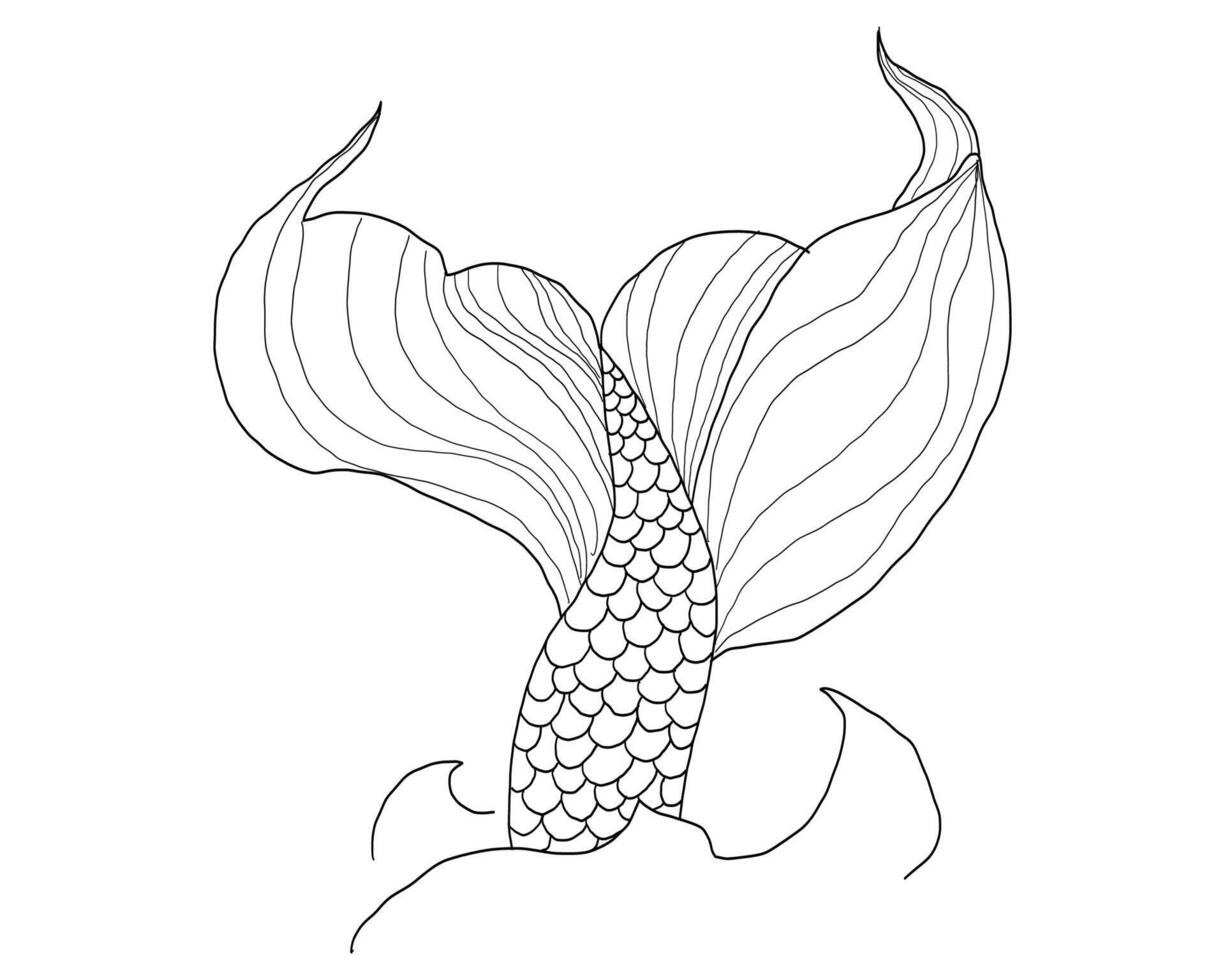 Vintage mermaid tail sketch in tattoo style. Black line drawing with scales, splash, and fantasy sea symbolism. Isolated for retro marine decor. vector