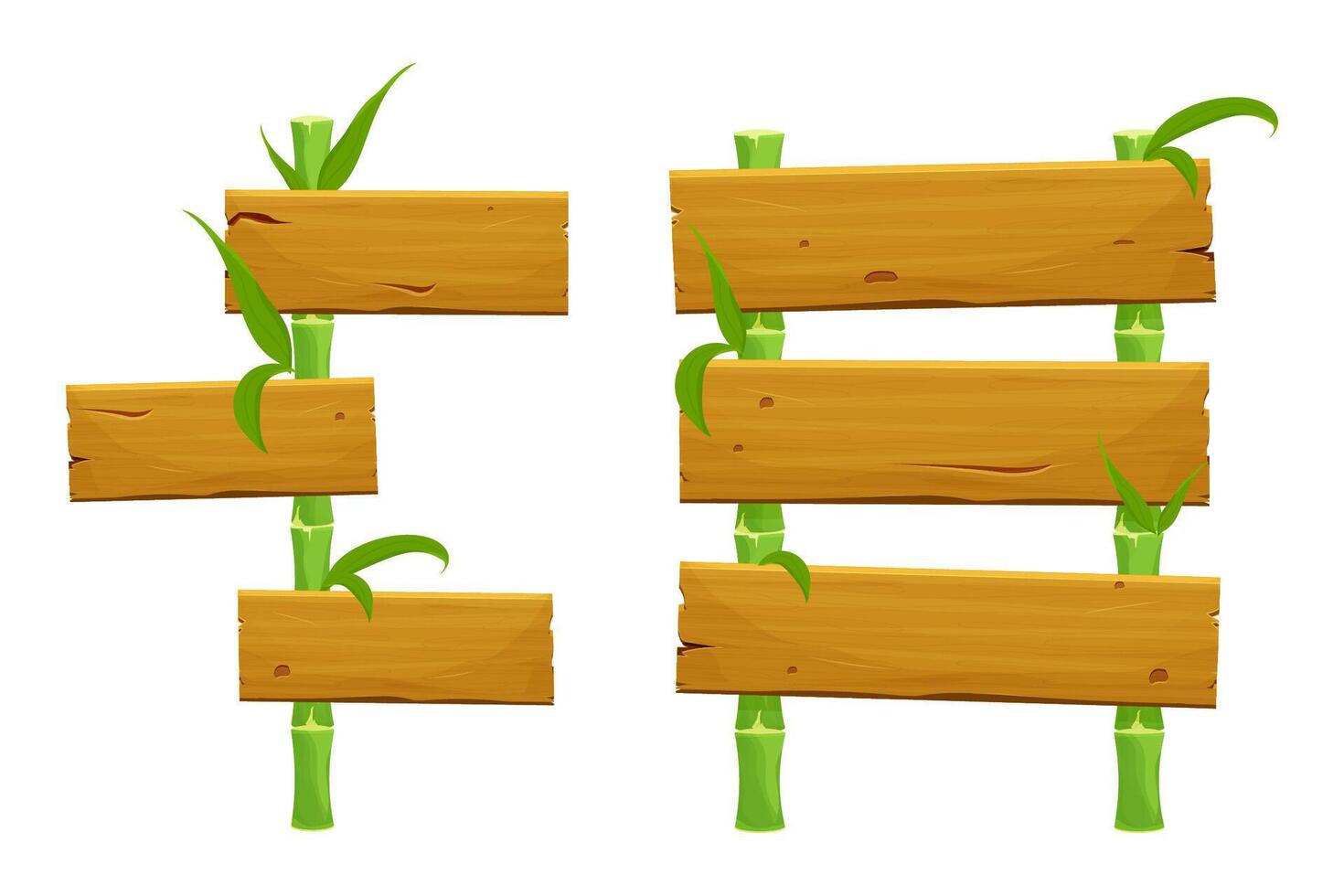 Set of green bamboo signboards from wooden planks in cartoon style isolated on white background. Collection asian decorations with leaves and rope. vector