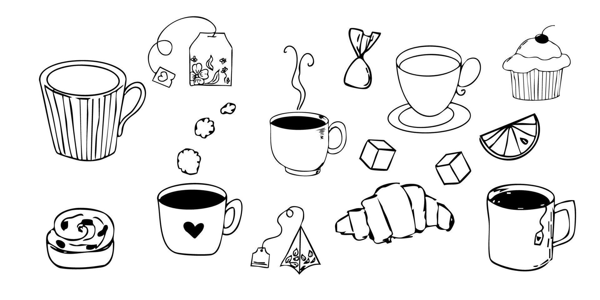Tea coffee beakfast, brunch lunch menu, dessert, cupcake, sweets line hand drawn textured elements, retro vintage sketch. Dolce vita breakfast doodle vector