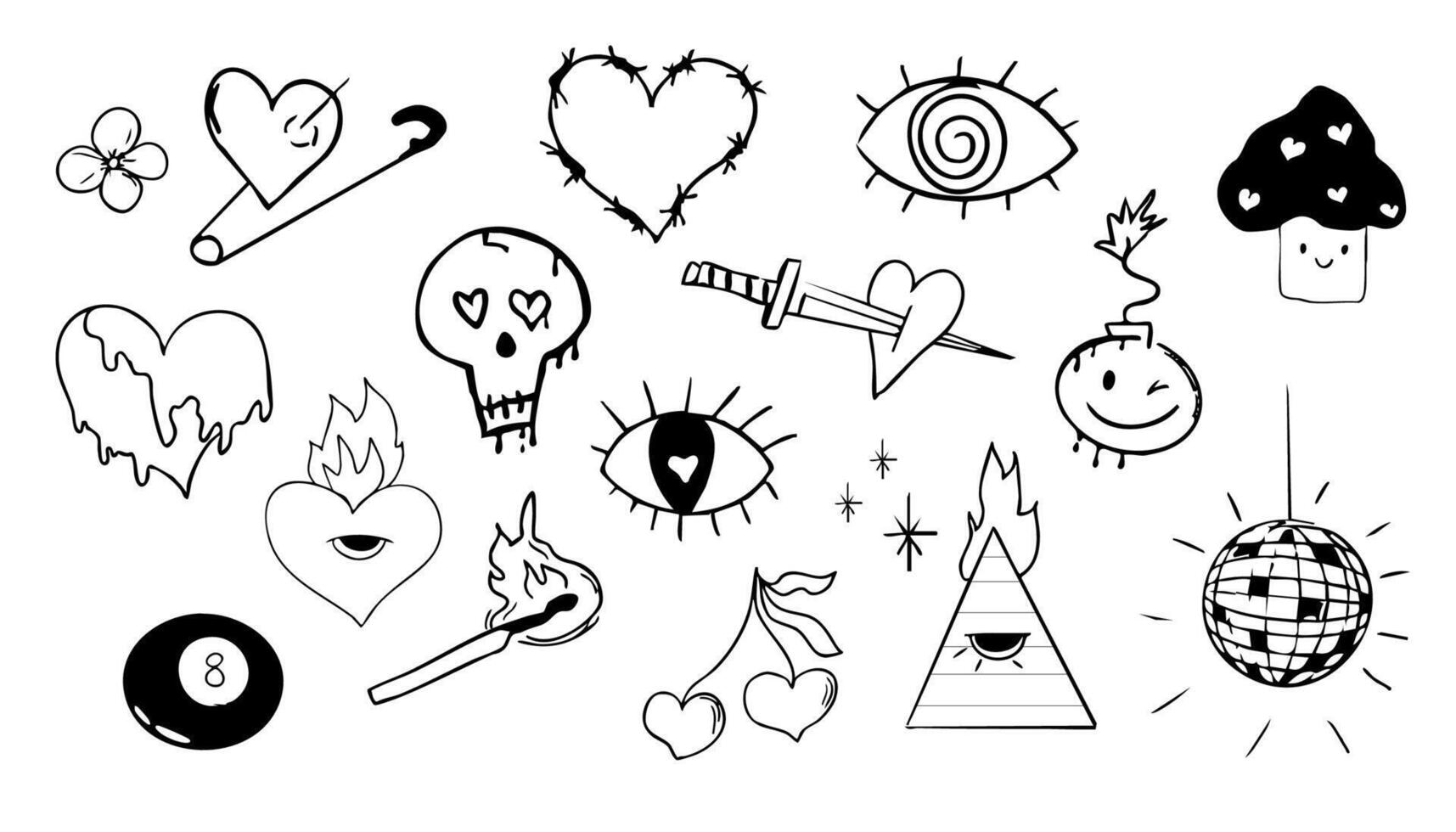 doodle heart barbed wire, with fire and eye, graffiti groovy set. Retro tattoo grunge kit. Disco ball heart with pin, magic eight ball. vector