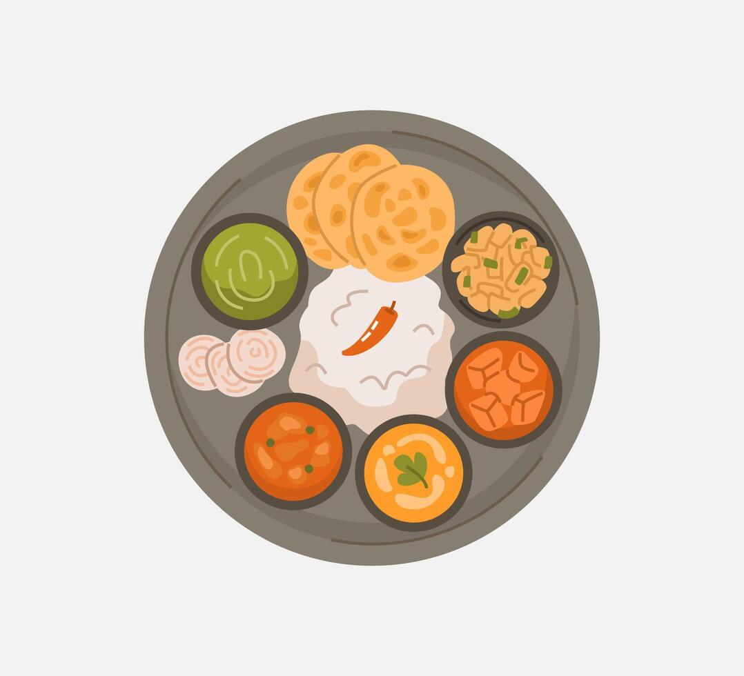 Indian Thali Platter with Rice, Curries and Sides vector