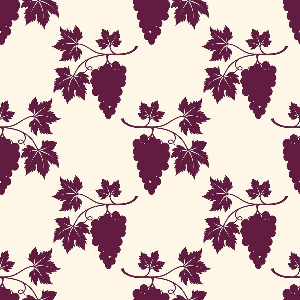 Pattern of bunches of ripe grapes, grapevine with burgundy berries, silhouette of grapevine on cream background. vector