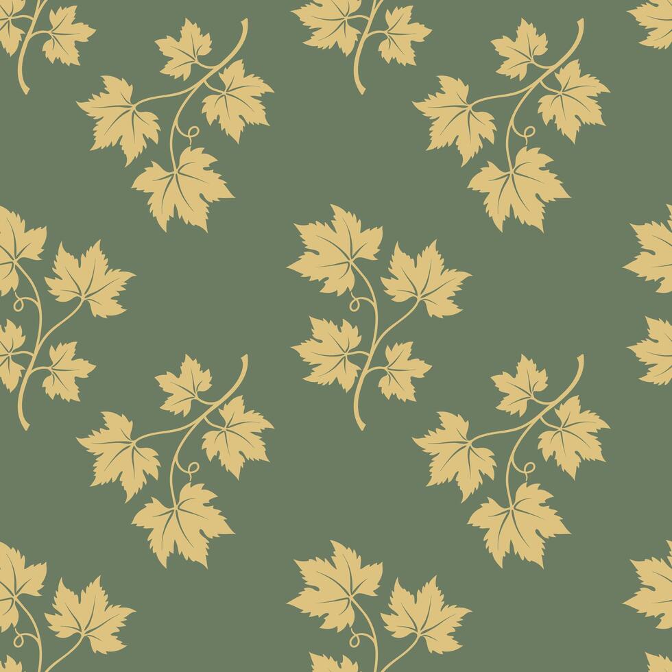 Branches of grapes on green background, pattern with silhouette of grape vine. Textile. vector
