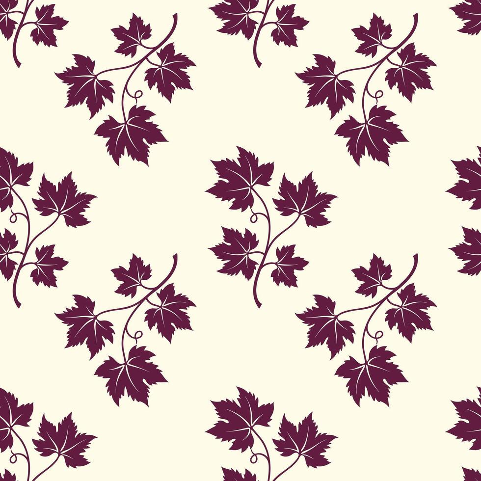 Burgundy grape branches on light cream background, pattern with silhouette of grape vine. Textile. vector