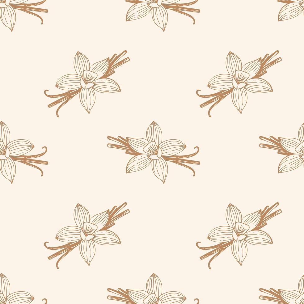Pattern with aromatic spices Vanilla flowers and vanilla beans. Gold contour drawing on creme background. vector