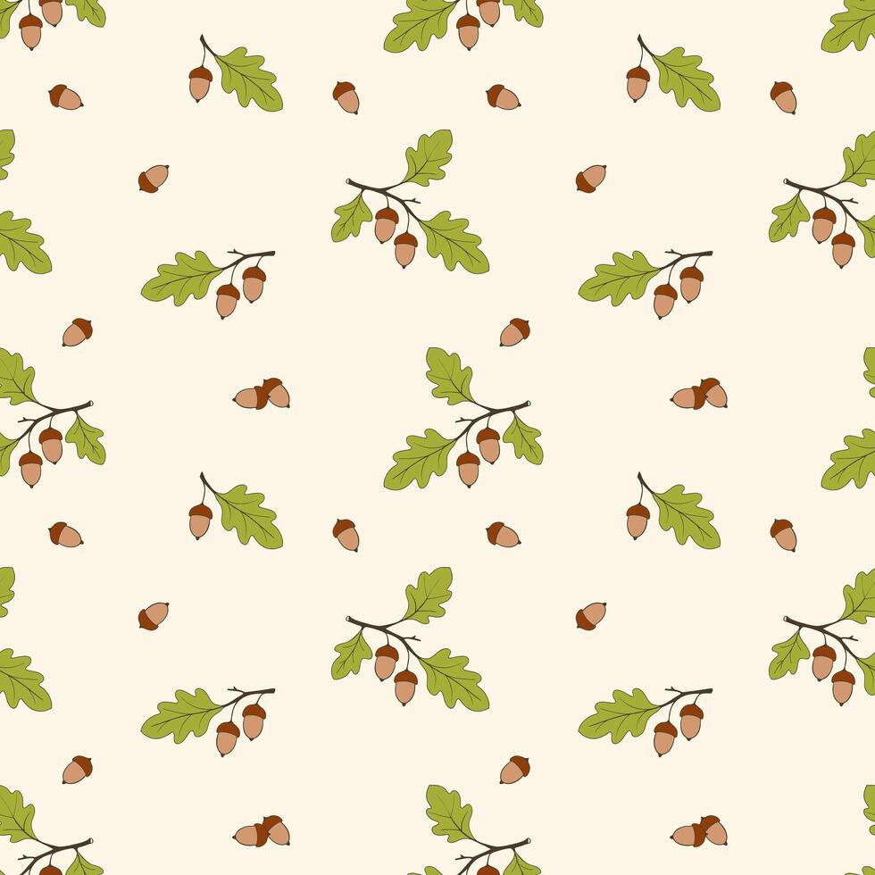 Autumn pattern with oak acorns, acorns on creme background. Seasonal ornament. Endless texture can be used for web design, printing onto fabric and paper or scrapbooking. vector