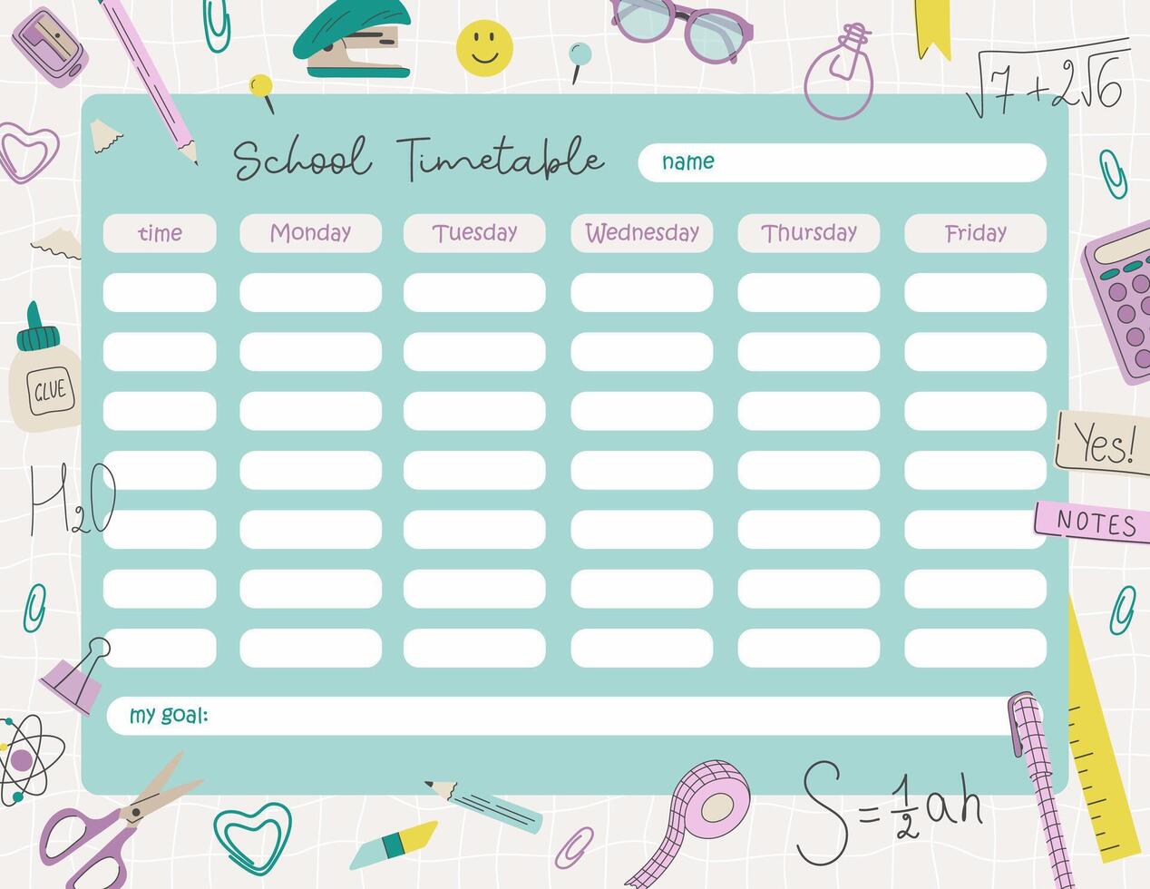 School timetable for kids, printable school schedule for children. Weekly planner for elementary school pupils. Schedule design template with different stationery on a grid backdrop. vector