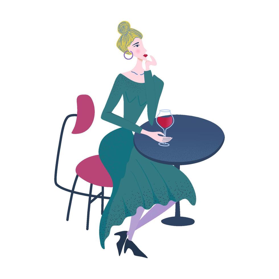Young woman holding red wine glass in hand, sitting on modern chair at table. Girl tasting and enjoying alcohol. Isolated person in bar or cafe. Flat design graphic illustration. vector