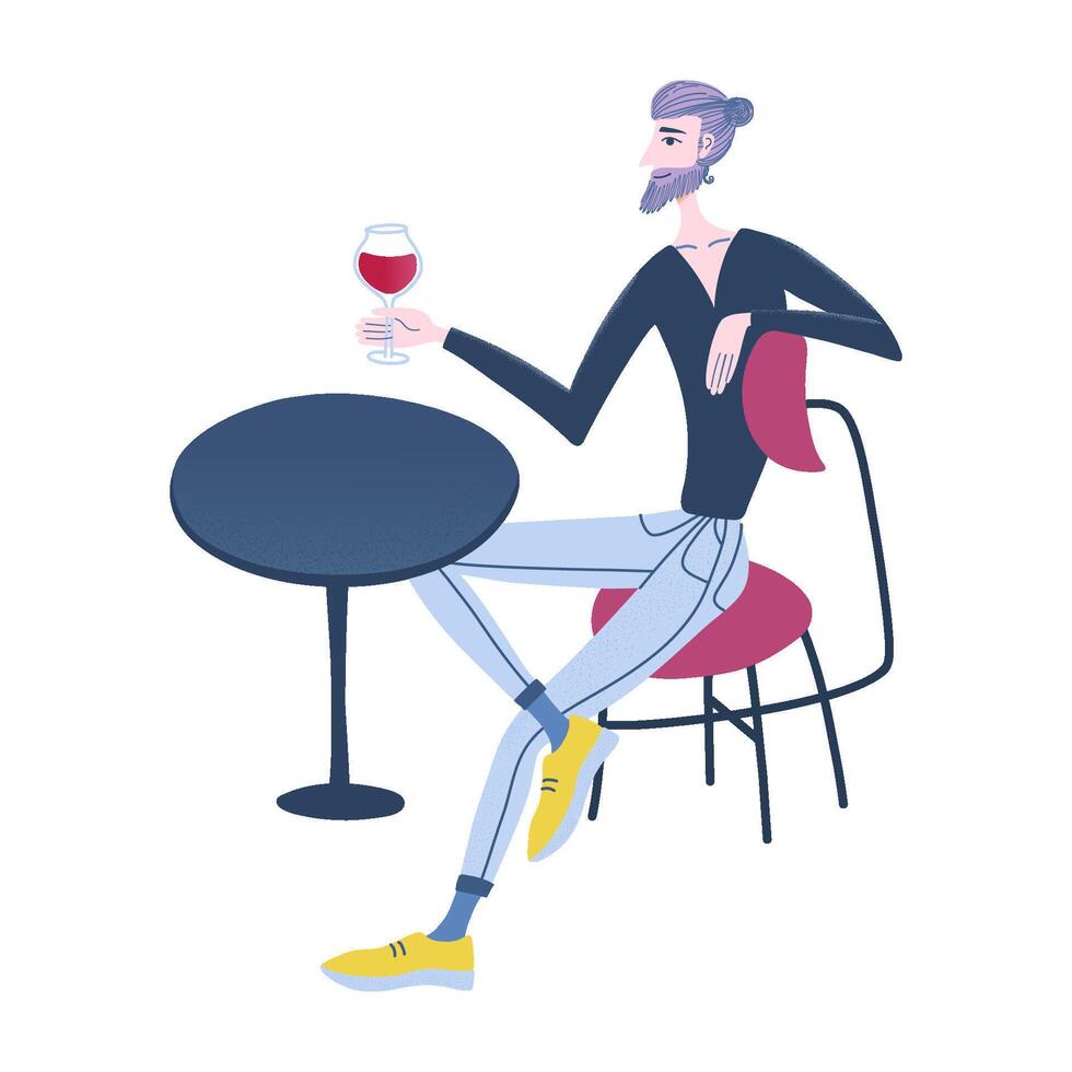 Man holding red wine glass in hand, sitting on modern chair at table. Young man drinking alcohol. Isolated person in bar or cafe, evening or birthday party. Flat design graphic illustration. vector