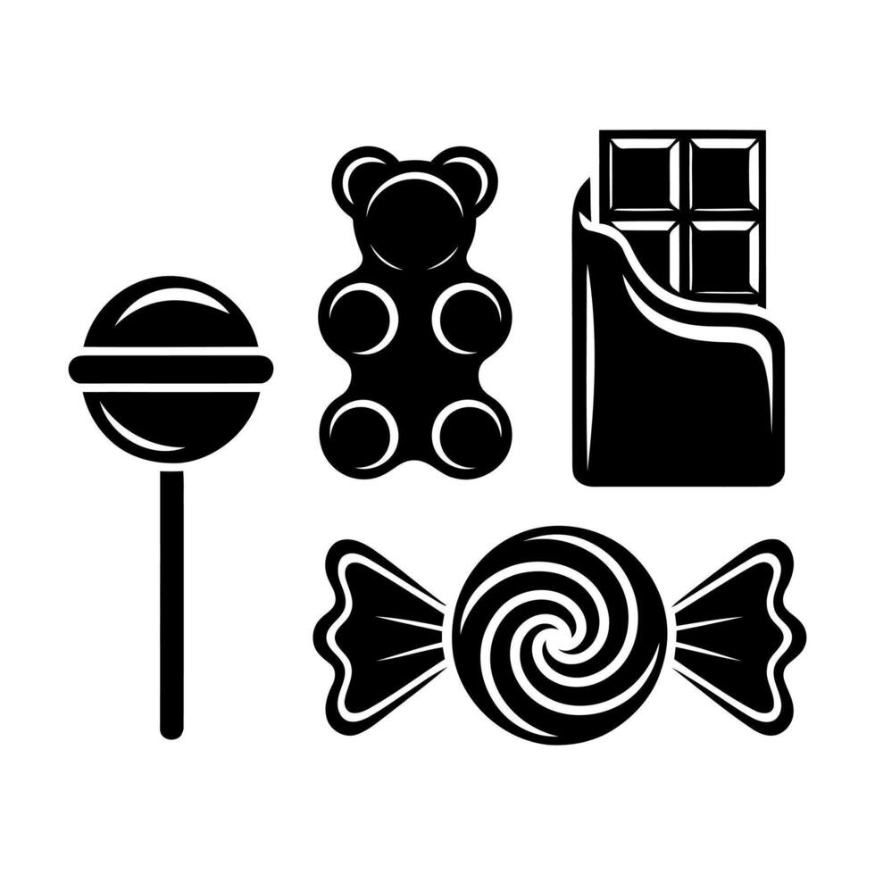 Collection of black and white icons featuring popular candies and sweets vector