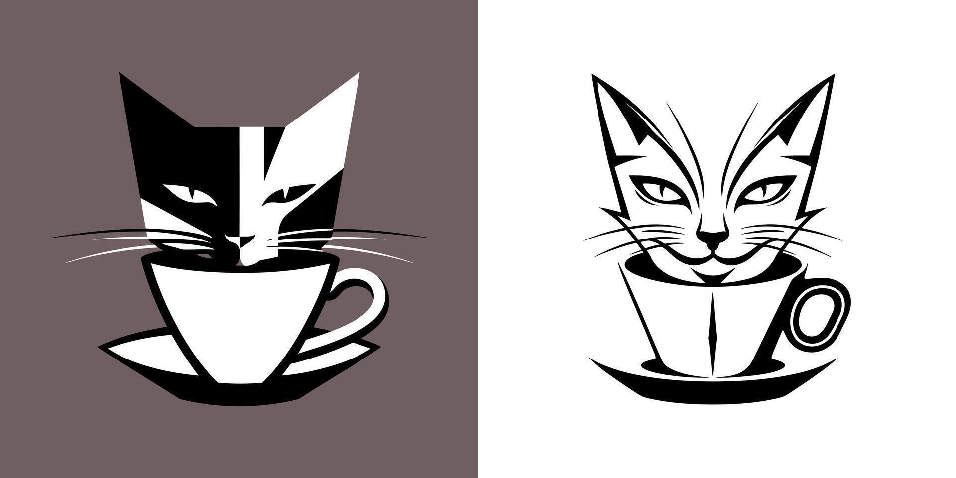 Stylized cat face emerging from coffee cup in duo tone design vector