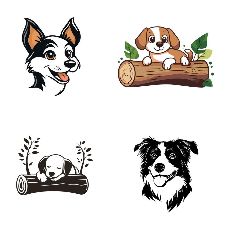 Four adorable cartoon dog illustrations featuring logs and nature elements vector
