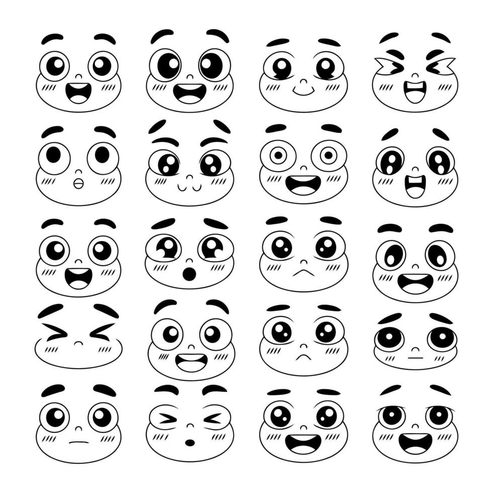 Collection of cute kawaii cartoon faces expressing various emotions vector