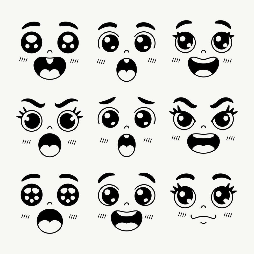 Collection of nine adorable kawaii style cartoon faces expressing various emotions vector