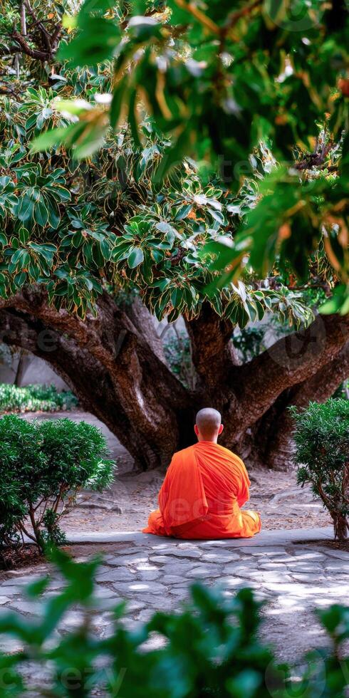 Monk meditates under old tree in peaceful garden photo