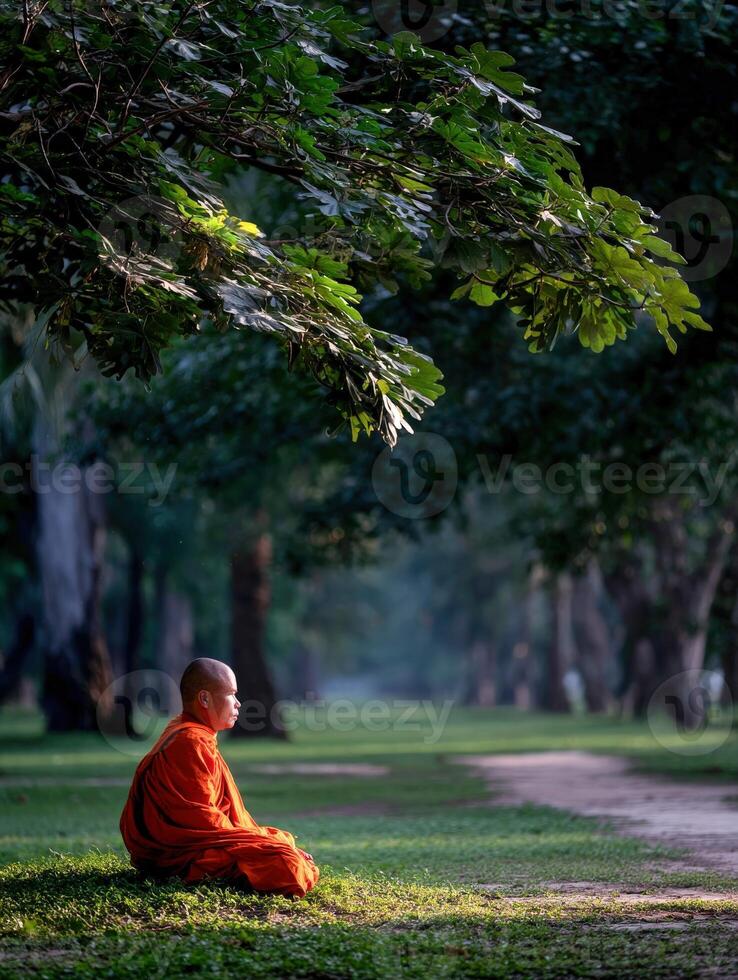 Young buddhist monk meditates in a peaceful forest setting photo