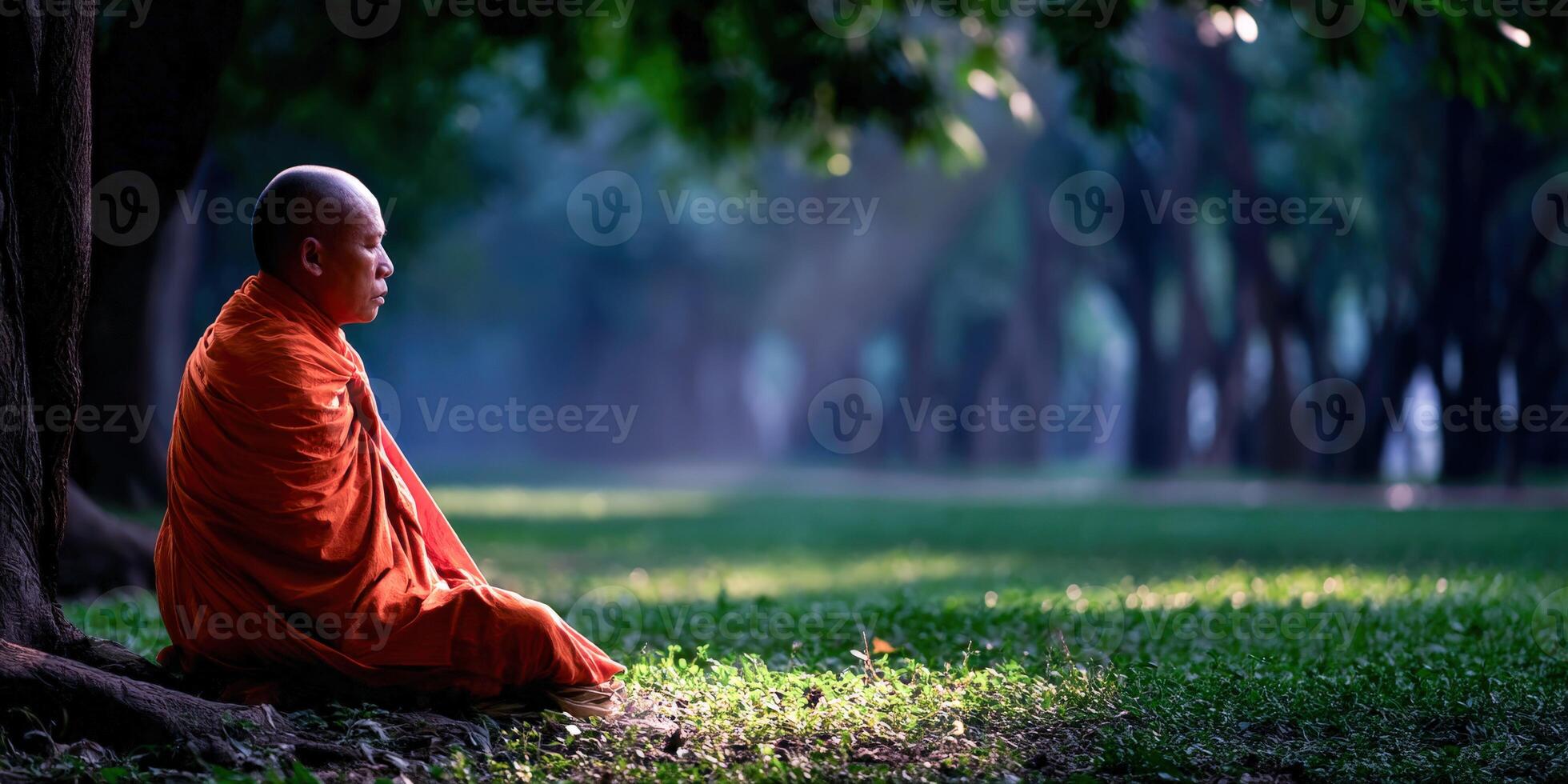 Monk meditates under a tree in a peaceful park in the morning photo
