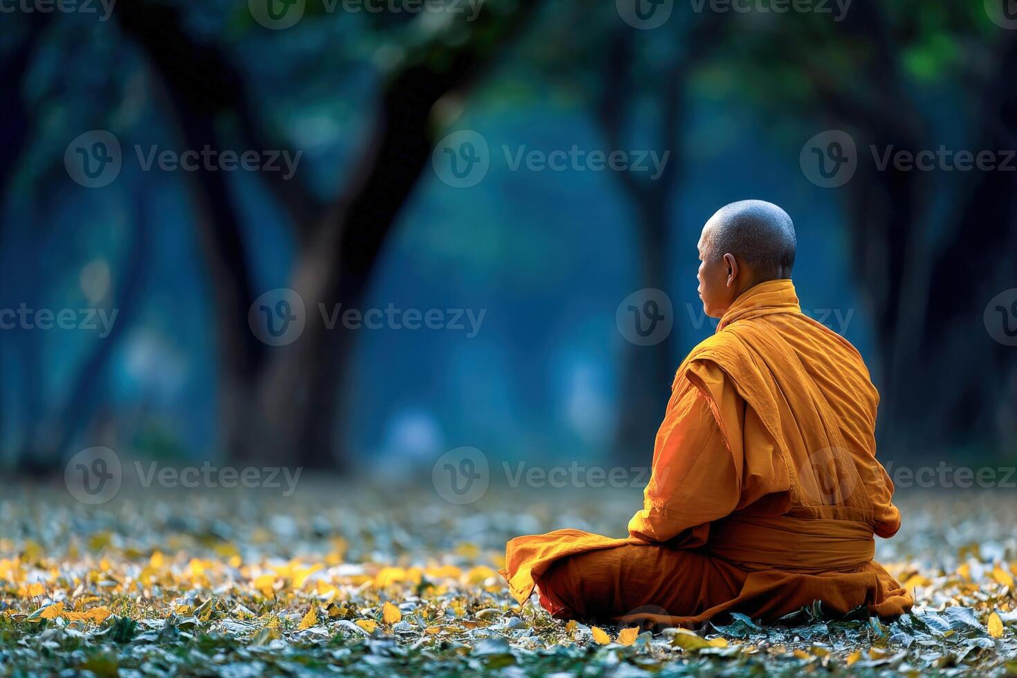 Monk sitting in meditation in a forest during the daytime photo
