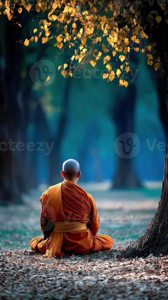 Monk meditates in a forest during autumn in South East Asia photo