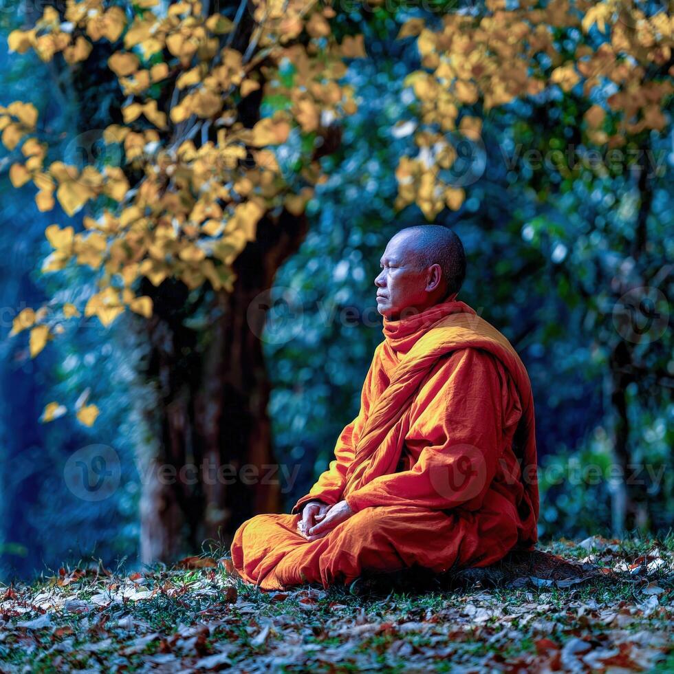 Buddhist monk meditates in lotus position in forest setting photo