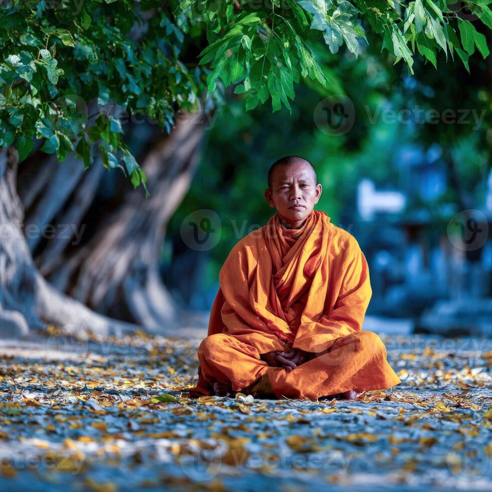 Monk meditates in the Lotus position under leafy tree photo