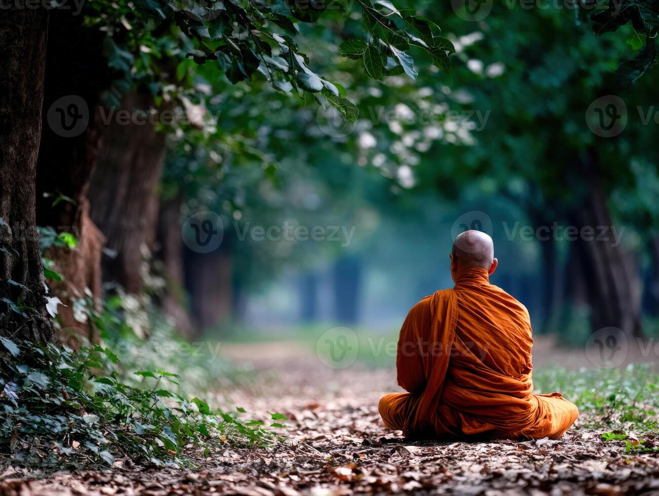 Meditating buddhist monk sits among trees in lush green forest photo