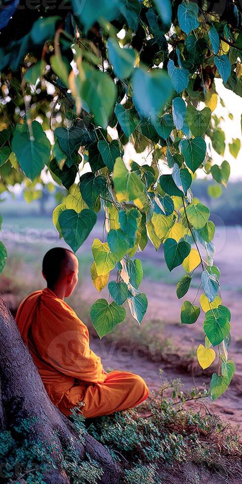Monk rests at the Bodhi Tree contemplating in Bodh Gaya, India photo