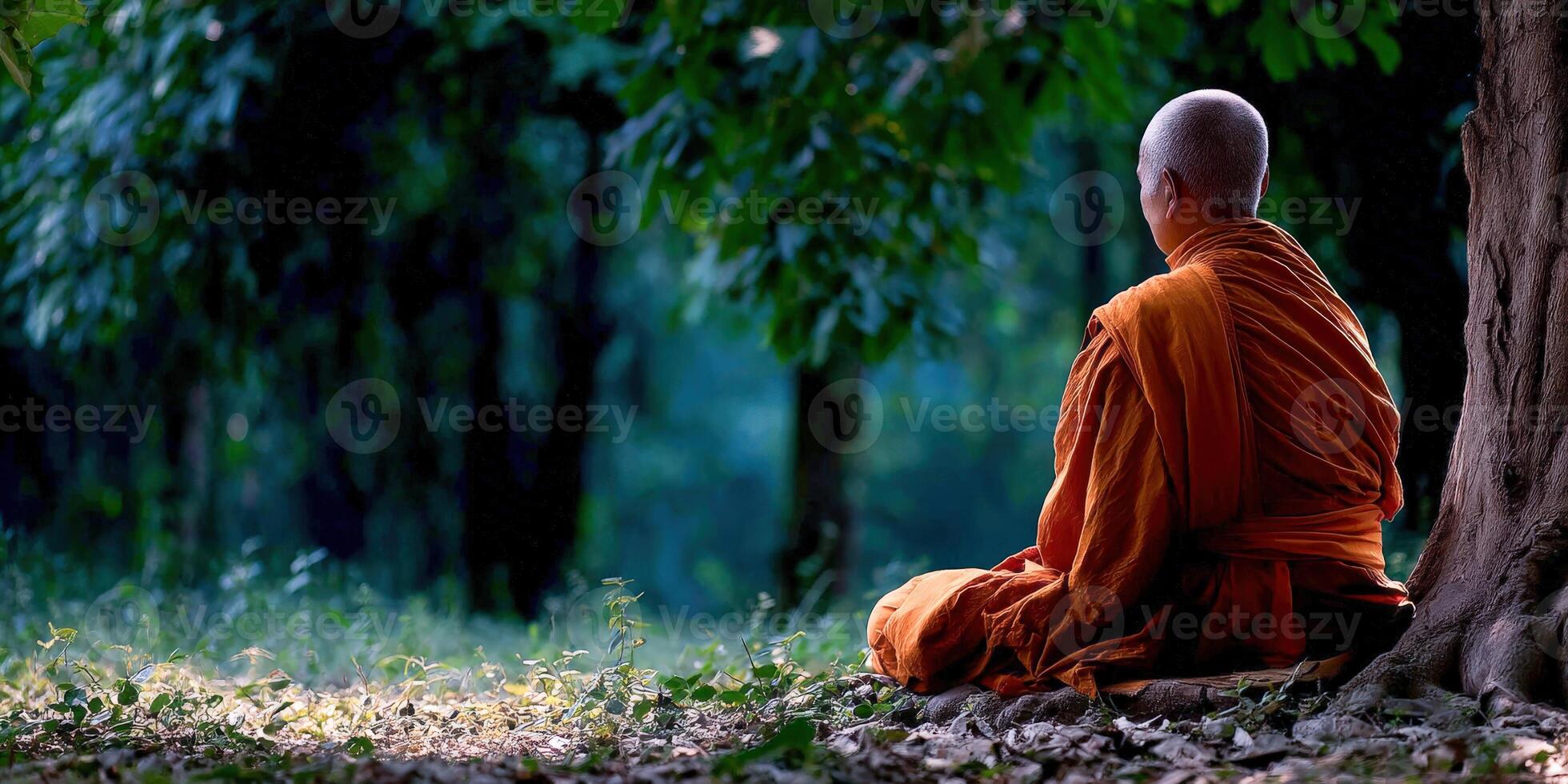 Monk meditates under a tree in outdoor peaceful setting photo