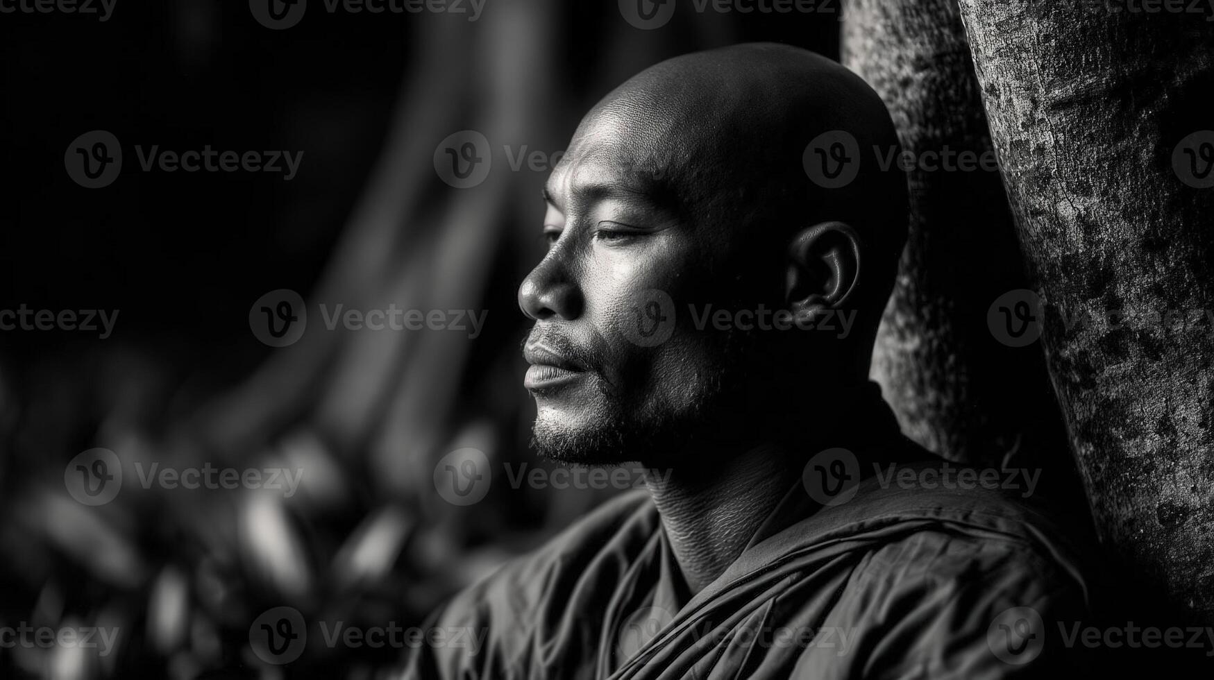 Contemplative buddhist monk rests against tree in peaceful forest photo
