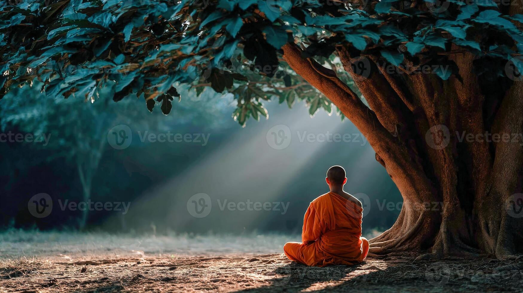 Monk meditating under a tree in early morning sunlight photo