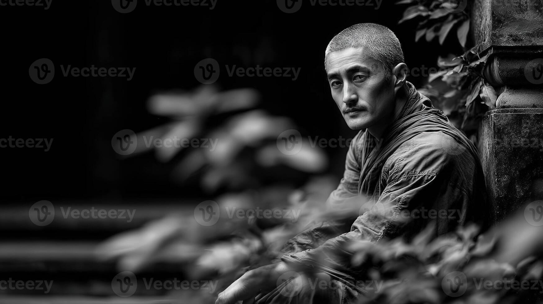 Pensive asian monk sits amongst foliage near a stone column photo
