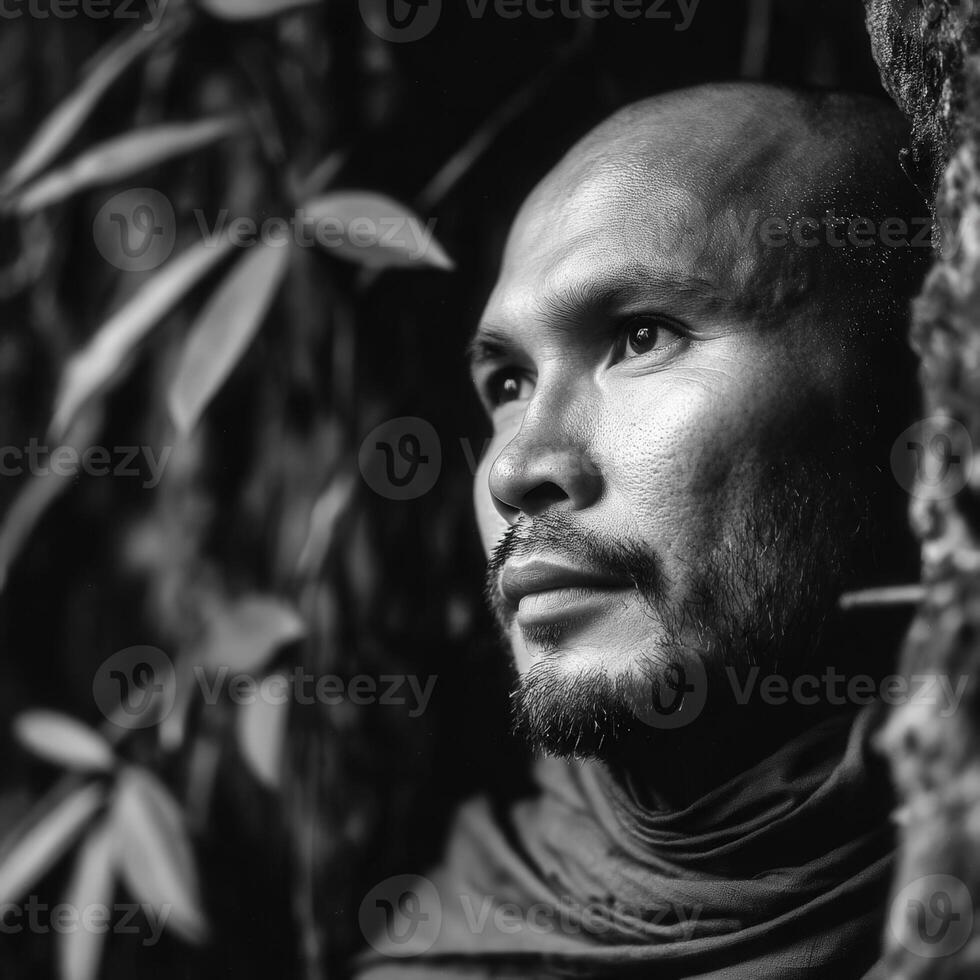 Monk in contemplation looking out towards natural setting in Asia photo