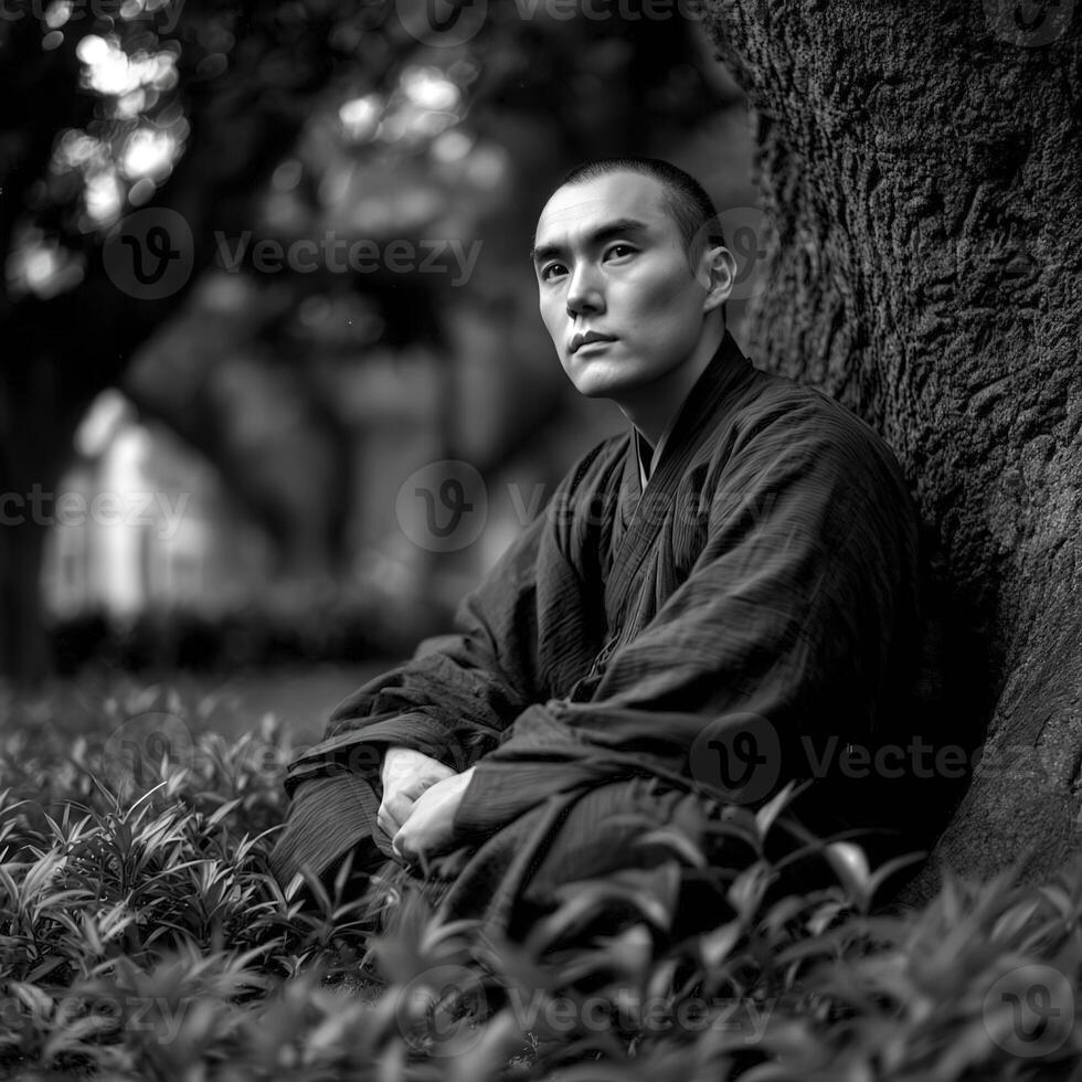 Contemplative Shaolin monk rests at the base of a large tree photo