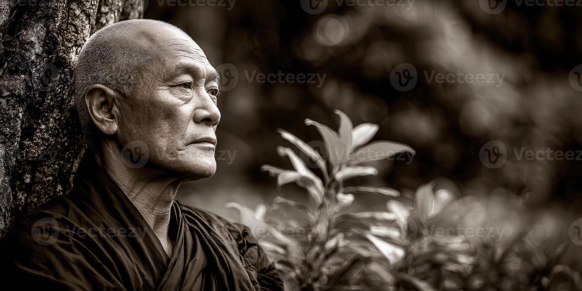 Thoughtful asian monk rests against a tree in nature photo