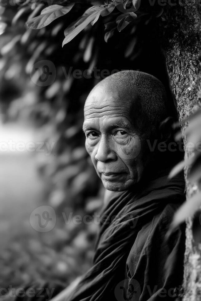 Older buddhist Monk rests next to a tree in Southeast Asia photo
