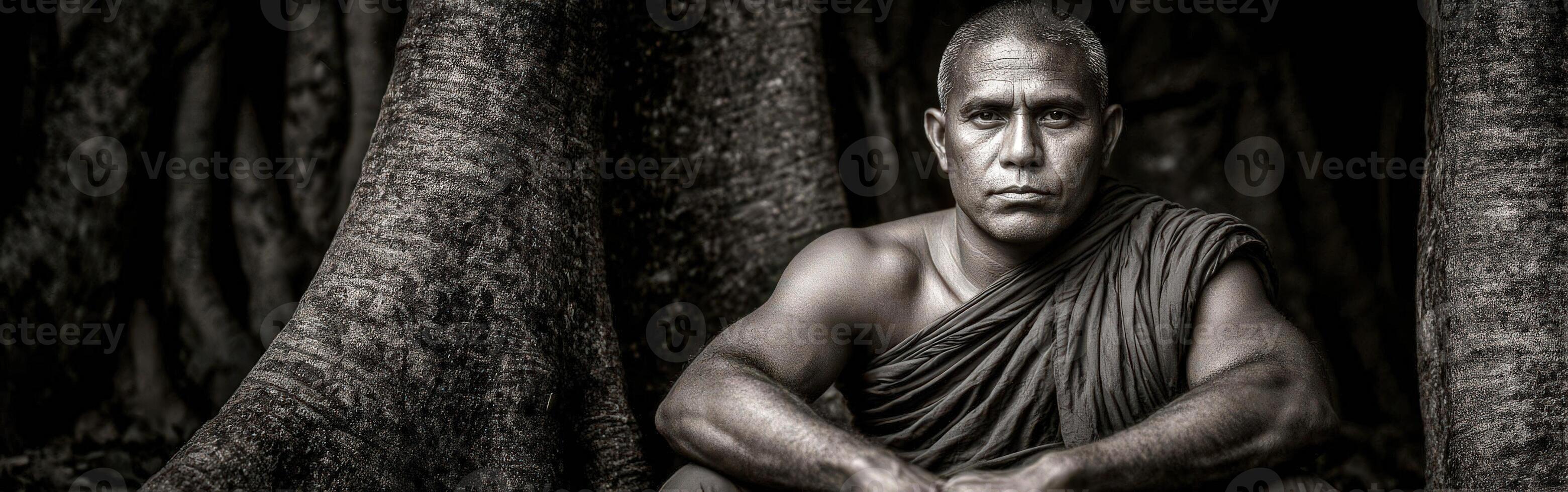 Monk sits among tree roots at Angkor Wat archaeological park photo